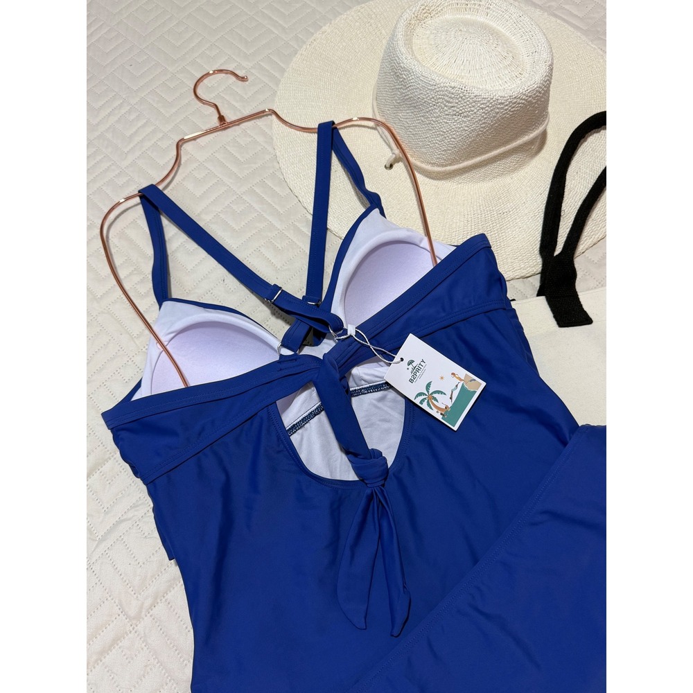 B2prity Women's Ruched Tankini‎ Suimsuits V Neck Wrap Tie Back Two Blue size XL - Picture 11 of 12